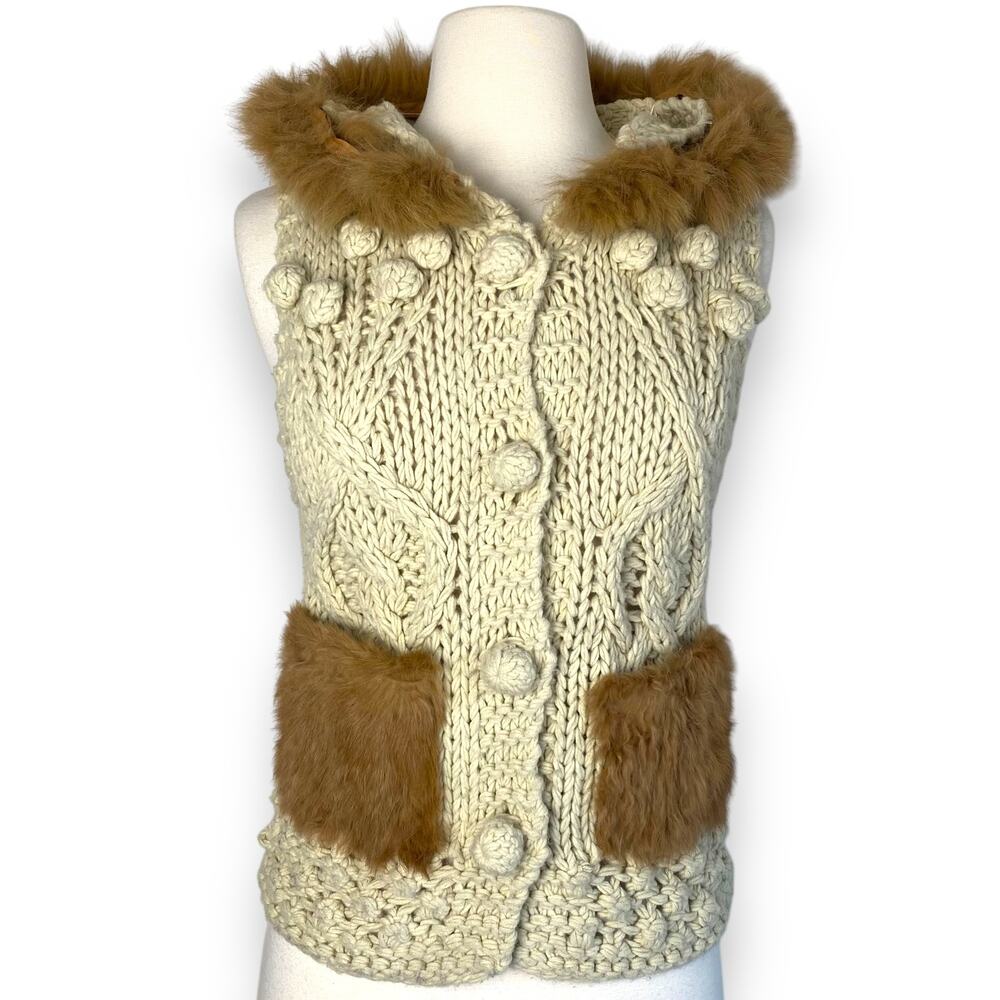 Hooded Boho Macrame Crochet Chunky Sweater Vest w Removable Faux Fur Collar Trim